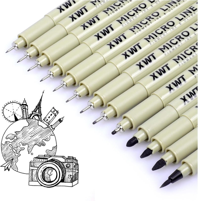 XWT 12+1 Fineliner Drawing Art Pens, Black Waterproof Pigment Ink Set for Artists, Sketching, Manga, Watercolor, Calligraphy, and Detail Outlining Archival Quality Inking Markers - Image 1